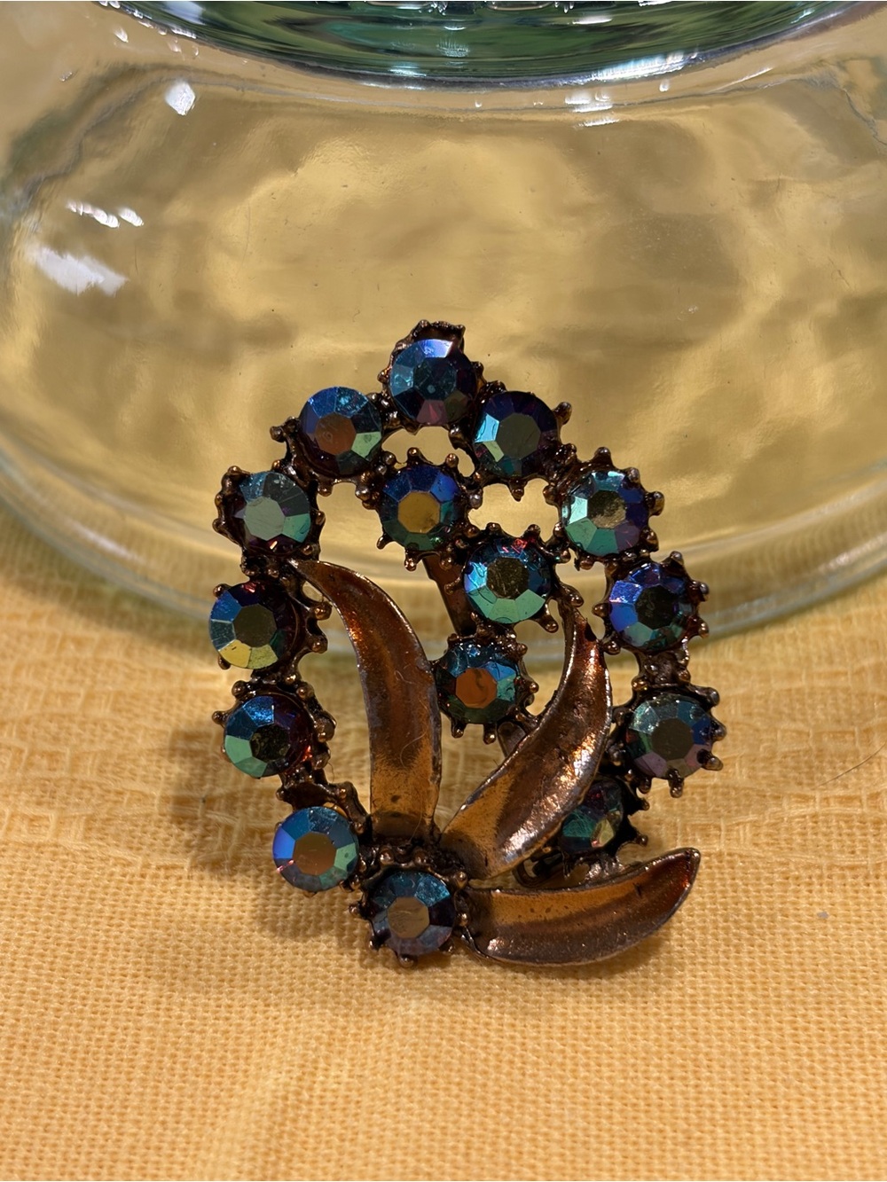 VTG MCM Peacock Blue Green Aurora Borealis Rhinestone Layered Leaf Sprig Brooch